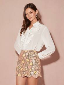 Enchnt 女士花卉图案细节简约 A 字裙，休闲与度假 - 金色 - 查看 5