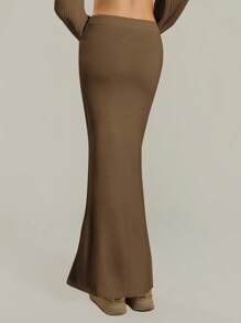 MUSERA Low Rise Ribbed Knit Co-Ord Maxi Skirt Only Night Out Fall Autumn Occasion Cute Sexy Thanksgiving  New Year - Mocha Brown - View 2