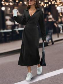 SHEIN Women Grey Long Dress With Cuff Detail