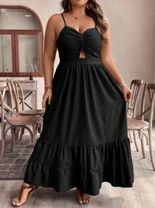 SHEIN LUNE Vestido largo de verano talla grande para mujer con abertura, tirantes finos, volantes y pliegues casuales