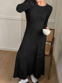 DAZY Long Fitted Knitted Fleece Loungewear Dress For Winter Pajama - Black - View 3