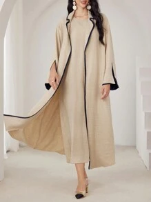 Modelyn 2 件套女士复古时尚色块装饰夹克和连衣裙套装，秋季 2 件套 - 杏色 - 查看 3