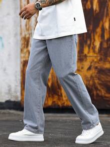 Manfinity Hypemode Pantalones vaqueros informales con bolsillo y diseño sencillo para hombres - Gris - Ver 1