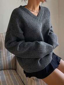 DAZY 1 件女士简约纯色宽松 V 领长袖毛衣，适合秋冬季，秋季女装 - 灰色 - 查看 1