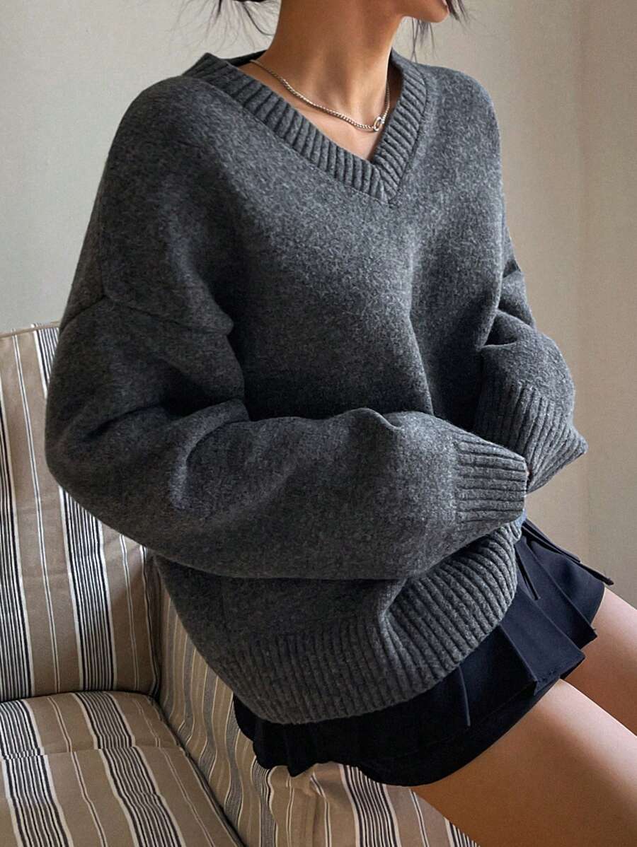 DAZY 1 件女士简约纯色宽松 V 领长袖毛衣，适合秋冬季，秋季女装 - 灰色 - 查看 1