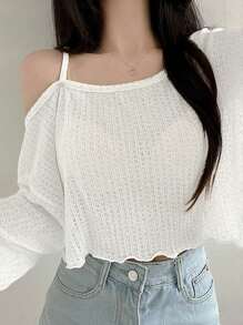 DAZY 女士休闲斜肩不对称下摆短款T恤，秋季长袖女上衣，秋季女装短款女上衣 - 白色 - 查看 6