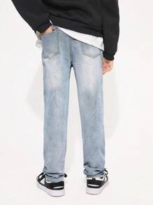 SHEIN 1pc Tween Boys Light Wash Distressed Applique Printed Stretchy Denim Jeans - Light Wash - View 6