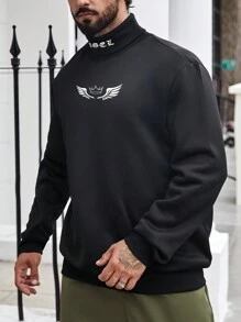 Manfinity Homme 大码男式皇冠图案高领长袖休闲套头连帽衫，秋季 - 黑色 - 查看 5