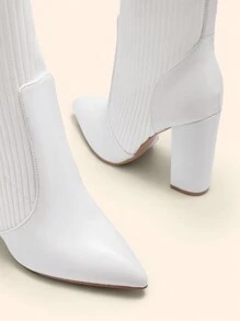 CUCCOO BASICS Damen modische weiße Stoff-Stretch-Spitze-Chunky-Heel Stiefel bis zur Mitte des Schienbeins, geeignet für Pendeln, Dates, Partys, Urlaub zu Weihnachten und Neujahr, Herbst- und Winterstimmung, Valentinstag