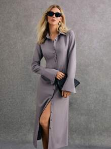 Poéselle 女士灰色腰连衣裙 纽扣门襟 喇叭袖 后开衩 纯色 长袖 单排扣休闲衬衫 中长连衣裙 秋季办公室连衣裙 女装 冬季连衣裙 灰色连衣裙 复古连衣裙 端庄连衣裙 休闲女装 冬季连衣裙 冬季女装 灰色轻松时尚基本款 工作女装 优雅女装 新年女装 除夕 春季连衣裙 情人节连衣裙 - 灰色 - 查看 8