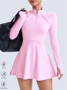 SHEIN Sovereign Charm Váy thể thao nữ tay dài có thể tháo rời, cổ đứng, váy tập yoga có quần bó, túi, phù hợp để chạy bộ, tập yoga, thể dục, quần đùi thường ngày ngoài trời, có lỗ xỏ ngón tay cái Váy quần vợt thể thao - Hồng - Xem 5
