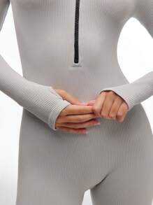 SHEIN Unity Solid Colour Zip Front Ribbed Basic Jumpsuit With Thumb Hole Detail