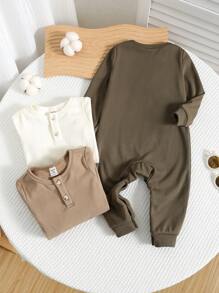 Loomiva 3 件套新生儿男童女童休闲可爱有趣运动街头时尚百搭设计柔软舒适罗纹针织连体裤适合秋冬室内外穿着 - 彩色 - 查看 2