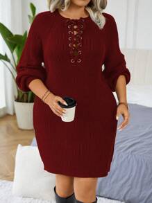 Calvaya 大码女式休闲纯色插肩袖系带毛衣裙，适合新年服装，适合冬季秋季服装 - 紅色 - 查看 5