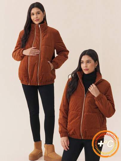 SHEIN 孕妇纯色全拉链前口袋简约长袖夹克，休闲日常穿着，适合冬季