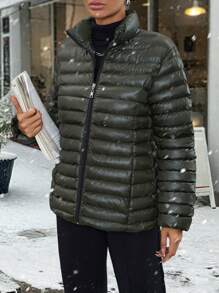 EURMUSE Petite Women's Warm Zip-Up Stand Collar Cotton Padded Coat For Winter - Khaki - View 5