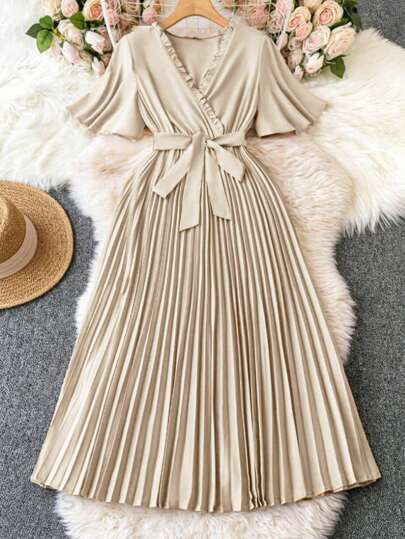 Omancia 女士纯色短袖褶皱休闲中长连衣裙长款女装