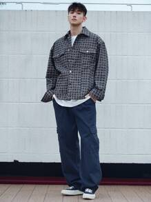 DAZY Plaid Men's Long Sleeve Single-Breasted Casual Denim Jacket, For Autumn - Black - View 5