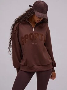 Musera Sport Half Zip High Neck Slogan Sweatshirt - Coffee Brown - View 1
