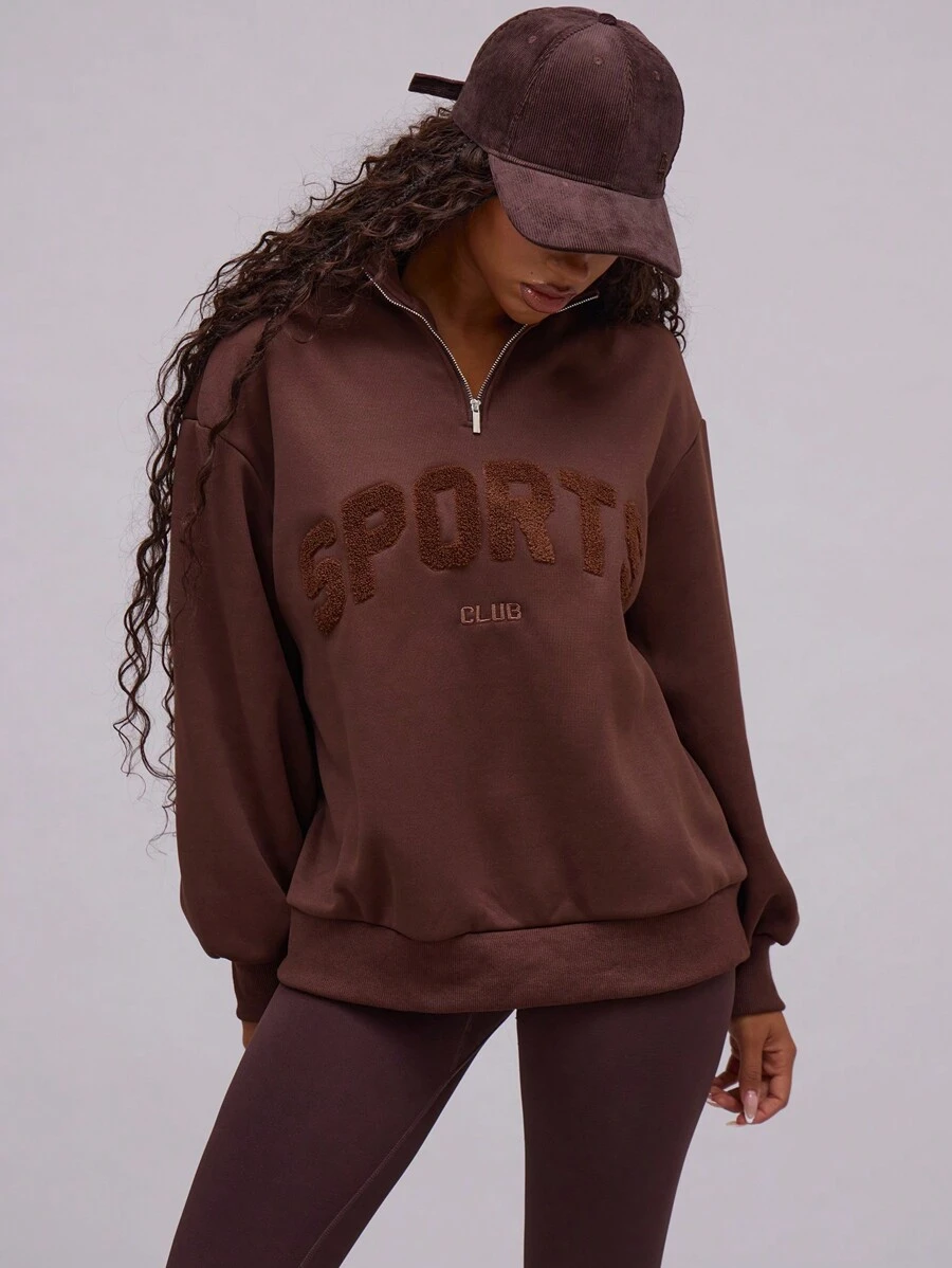 Musera Sport Half Zip High Neck Slogan Sweatshirt - Coffee Brown - View 1