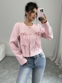 Bow Decor Front Button Round Neck Elegant Long Sleeve Pink Jacket Coat Fall Winter Cloth For Women - Pink - View 5