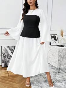 Franclia Plus Size Women Colorblock 2 In 1 Bell Sleeve Long Dress - Black and White - View 6