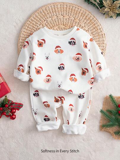 Cozy Pixies 2pcs/Set Cartoon Animal Christmas Pattern Baby Boy Round Neck Long Sleeve Hooded Sweatshirt And Elastic Cuff Pants