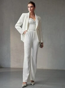 MOTF PREMIUM FAUX PEARL EMBROIDERY MESH APPLIQUE DETAIL PEAK COLLAR BLAZER