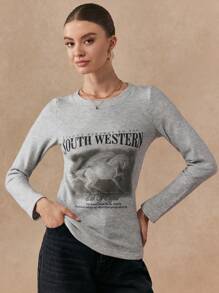 SHEIN Unity Women's Casual Everyday Letter Print Slim Fit Long Sleeve T-Shirt, Autumn Fall Cloth For Women - Grey - View 5