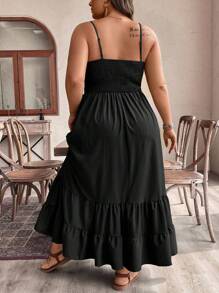 SHEIN LUNE Vestido largo de verano talla grande para mujer con abertura, tirantes finos, volantes y pliegues casuales