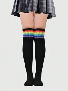 ROMWE Anime 1 đôi tất cao đến đùi sọc nhiều màu cho nữ - màu đen - Xem 1