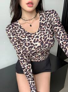 DAZY Women's Autumn Fashionable Leopard Print Fitted T-Shirt Cheetah Print Long Sleeve Women Tops,Fall Women Clothes - Camel - View 4