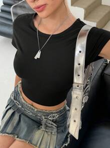 INAWLY Slim Fit T-Shirt Einfarbig für Frauen - Schwarz - Übersicht 6