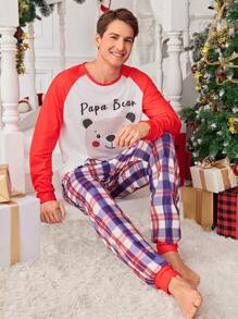 2pcs Men Casual Plaid Print Long Pants And Cute Bear Patch Raglan Sleeve Top Loungewear Set, For Christmas