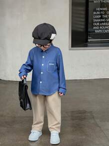 SHEIN 2pcs/Set Young Boy Casual Denim Effect Shirt And Loose Straight Leg Pants Outfit, Suitable For School & Daily Wear, Autumn/Winter - Multicolor - View 7