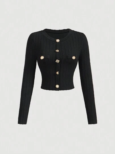 SHEIN MOD Black Elegant Round Neck Metal Button Bell Sleeve T-Shirt, Autumn T-Shirt, Layer T-Shirt, Long Sleeve T-Shirt, Sexy Black Top, Costume For Women