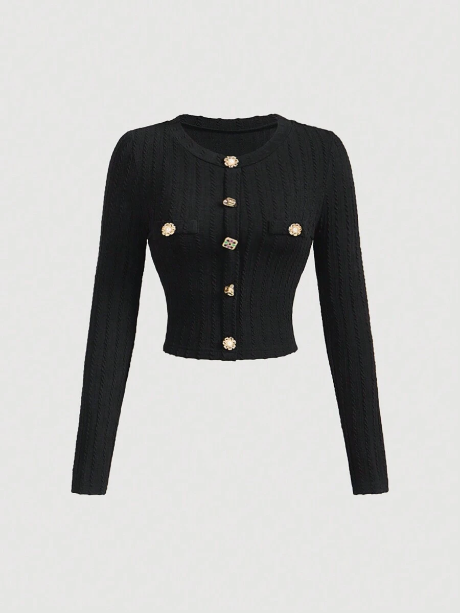 SHEIN MOD Black Elegant Round Neck Metal Button Bell Sleeve T-Shirt, Autumn T-Shirt, Layer T-Shirt, Long Sleeve T-Shirt, Sexy Black Top, Costume For Women