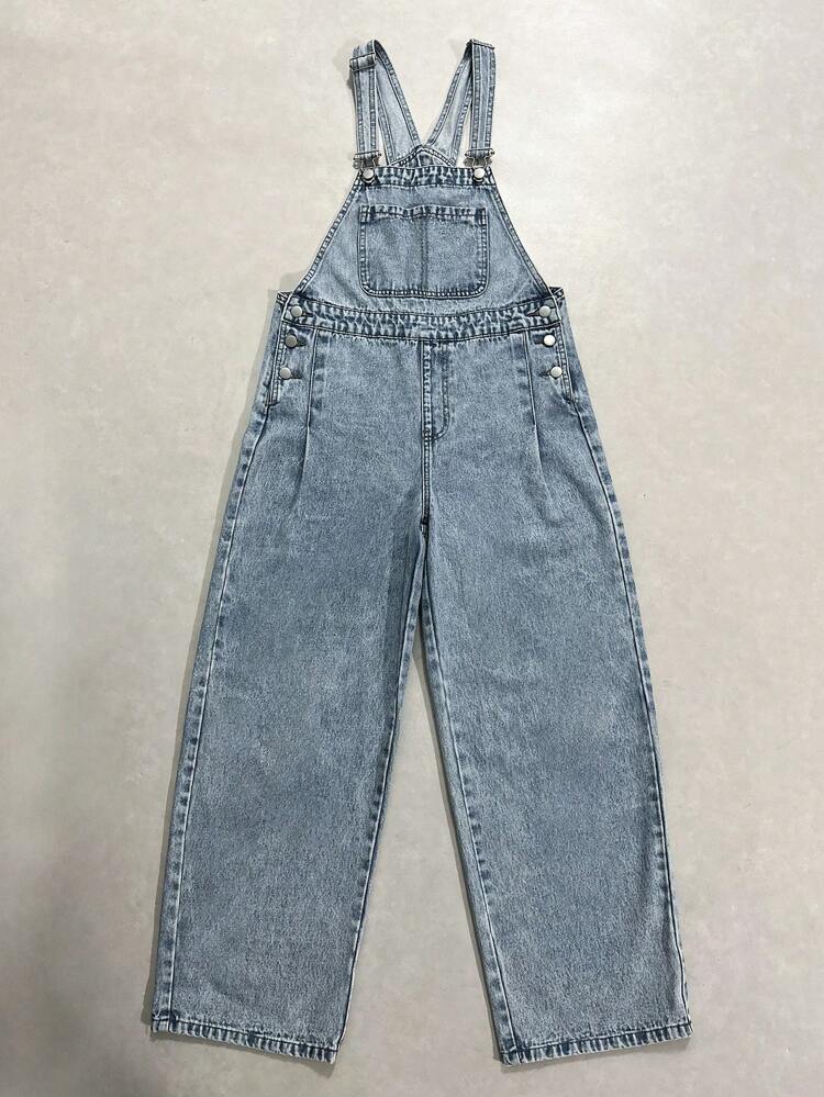 Women's Solid Color Front Pocket Thick Strap Sleeveless Denim Jumpsuit Overalls