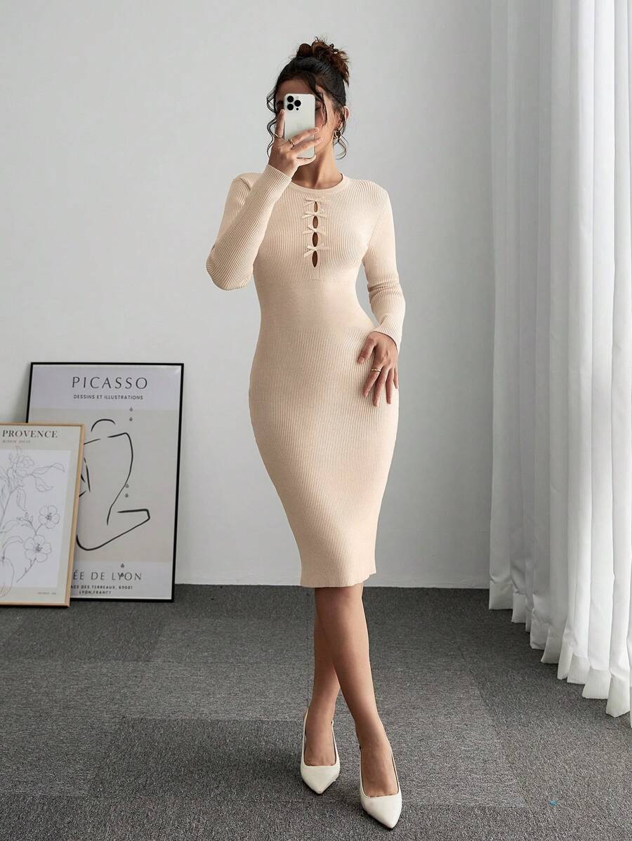 SHEIN Frenchy Đầm thường ngày dài tay cổ tròn màu trơn dành cho nữ có trang trí nơ - Màu be - Xem 1