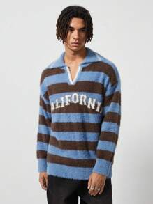 ROMWE MEN Street Life Men Polo Collar Striped Casual Shirt - Blue - View 1