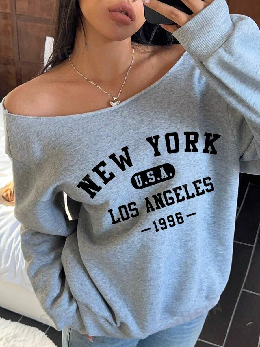 SHEIN EZwear Sudadera holgada de manga larga y delgada con estampado gráfico de Nueva York, para mujer - Top de manga larga