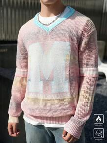 Manfinity Hypemode Men's V-Neck Letter Print Long Sleeve Casual Knit Sweater, Autumn/Winter