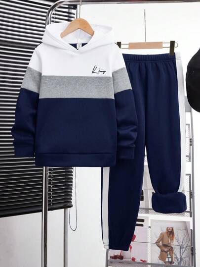 SHEIN Tween Boy Hooded Sweatshirt And Sweatpants 2Pcs Set, High Cost-Effective, Suitable For Commuting, School, Casual, Sports