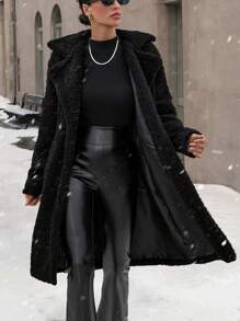 EURMUSE SOLID LAPEL COLLAR BUTTONED LONG TEDDY COAT - Black - View 3