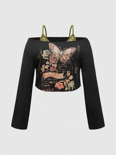4 pezzi Maglietta da donna con maniche lunghe, scollo a spalle scoperte, pannelli in pizzo, stampa farfalla stile vintage fairycore, taglie grandi
