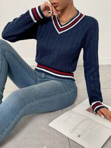 Chiquease 新款V领撞色学院风可爱优雅修身针织套头毛衣，适合秋冬季穿着 - 藏蓝色 - 查看 7