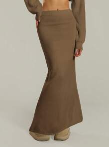 MUSERA Low Rise Ribbed Knit Co-Ord Maxi Skirt Only Night Out Fall Autumn Occasion Cute Sexy Thanksgiving  New Year - Mocha Brown - View 3