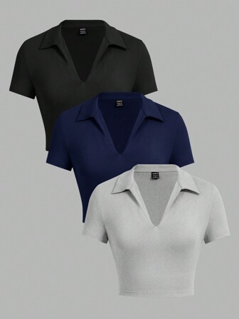 Muchica 3pcs/Set Women's Casual Fitted Crop Tops, Collared V-Neck Short Sleeve Summer T-Shirts,Summer Tops