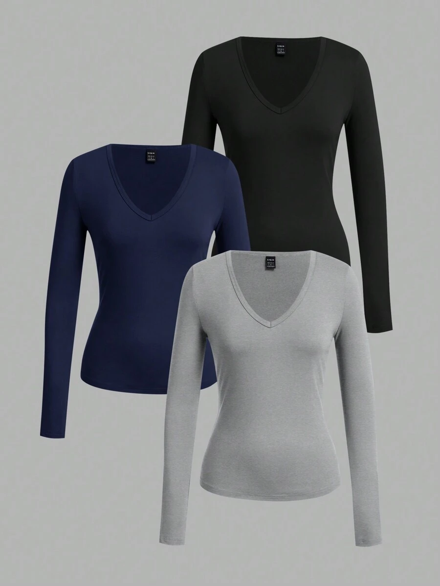 SHEIN EZwear 3 件套女士套装,深 V 领,紧身,纯色,百搭,长袖打底套头 T 恤,适合秋冬季 - 彩色 - 查看 1