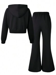 2 件 Tween Girl 黑色连帽衫和喇叭裤套装 - 黑色 - 查看 4